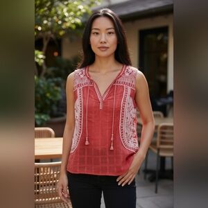 Lucky Brand Red Embroidered Cotton Boho Top | Size Small | Festival Peasant